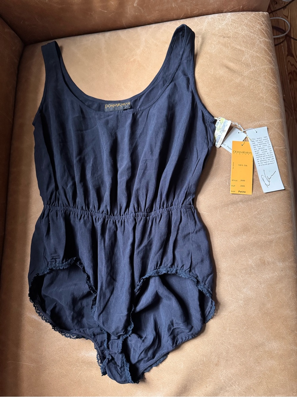 Donna Karan New York vintage 80s 90s Navy blue 100% silk bodysuit lace trim NWT